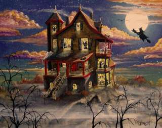 Folk Art HALLOWEEN Haunted House Hill Top Fog Witches Skeletons Byrum 