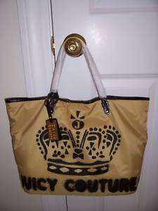 NWT Juicy Couture NYLON & LEATHER CROWN Tote Bag Gold  