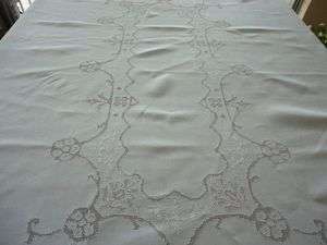Vtg Linen Tablecloth Embroidered Figural Mosaic Lace  