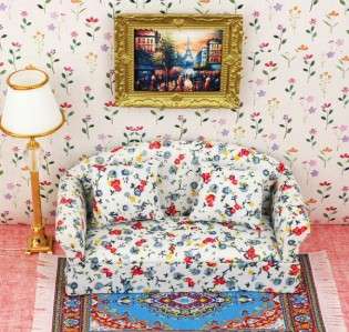 Dollhouse Mini Living Room Furniture Flower Double Sofa  