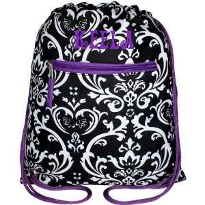  Black & White Damask Print Drawstring Backpack with Purple 