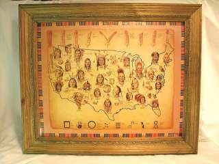   Native American INDIAN TRIBES~Pictorial US Map/Symbols/Feathers  