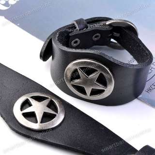Mens Gothic Punk Black Leather Iron Star Belt Buckle Bracelet Cuff 