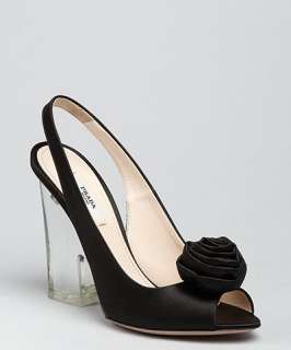 Prada black satin rosette clear heel slingbacks