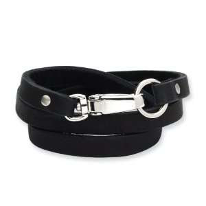  Stainless Steel Black Leather Wrap Bracelet   JewelryWeb Jewelry