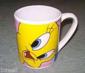   Looney Tunes Yellow & Pink Tweety Bird Faces On Coffee Mug Cup  