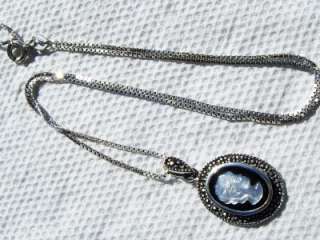 Sterling Mother of Pearl,Onyx Marcasite Cameo Necklace  