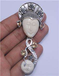 Goddess And Moon Face Citrine Sterling Silver 925 Pin Pendant T4079 