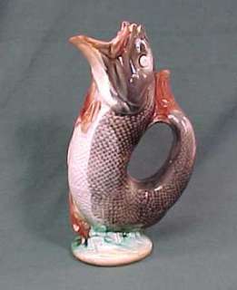 Antique Small Sized Majolica Pottery Gurgling Fish Pitcher  