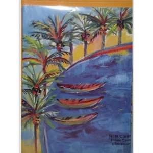  Whimsical Paradise Boats Lake Palm Trees Note Cards w 