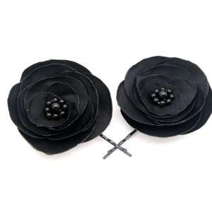  Black satin bobby pin flowers with black pearls   set of 2 