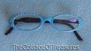 READING GLASSES +1.00 TEAL TURQUOISE RHINESTONE BLING  