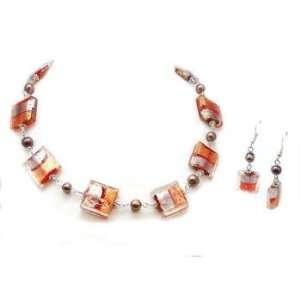    Orange & Red Square Glass Bead Earrings & 18 Necklace Jewelry