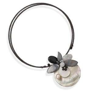  Shell, Pearl, Quartz, Black Onyx, and Crystal Flower Necklace 