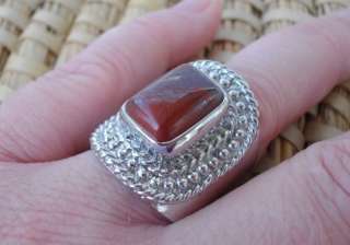 Silver Carnelian Rectangle Rope Cigar Band Stone Ring 9  