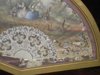 Antique 1800s Hand Painted French Fan with Gilded Frame (Display Box 