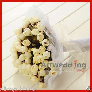 Silk White Roses Mesh Wrapped Bridal Bouquet Wedding Flower  