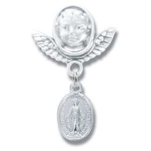 Baby Pin, Angel Wings With Tiny Miraculous St Sterling Silver Saint 