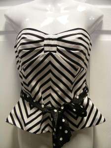 WHITE HOUSE BLACK MARKET TOP STRAPLESS BLK & WHT W BLK & WHT TIE BELT 