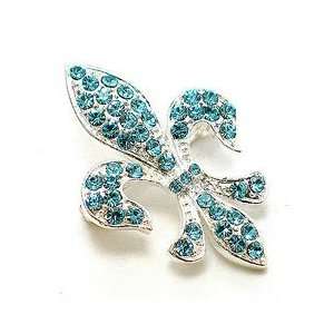   Blue Austrian Rhinestone Fleur de lis Silver Tone Brooch Pin Jewelry