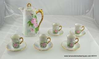 Antique 12pc Chocolate Pot Set Hand Painted Pink Roses Gilded 5 Cups 
