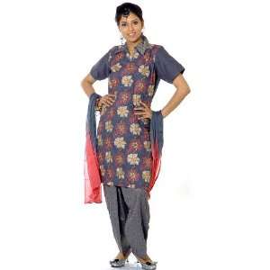 Gray Salwar Suit Fabric with All Over Floral Ari Embroidery and 