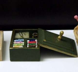 Dollhouse Miniature wooden sewing tool kits green box  