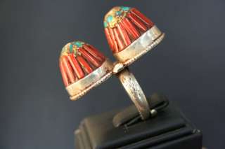 AFGHAN KUCHI STERLING SILVER CORAL & TURQUOISE RING.  