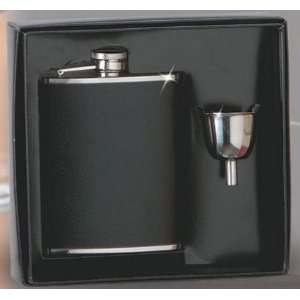  6 oz. Stainless Steel Black Leather Flask and Funnel Gift 