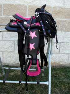 10 Pink Star Black Synthetic Kids Pony Trail Show Saddle Bridle BP 