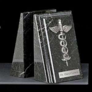  Black Marble Medical Bookends with Antique Silver Caduceus 