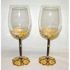 Brown with Yellow Flowers Wine Glass, Set of 2  Kitchen 